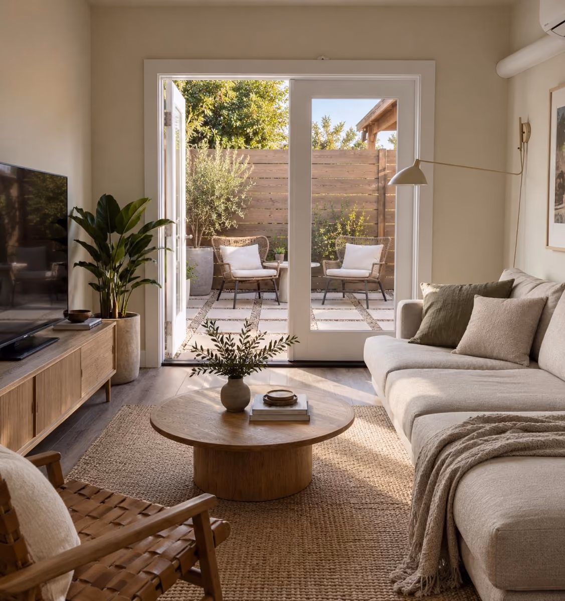 Bright living room opening onto a patio