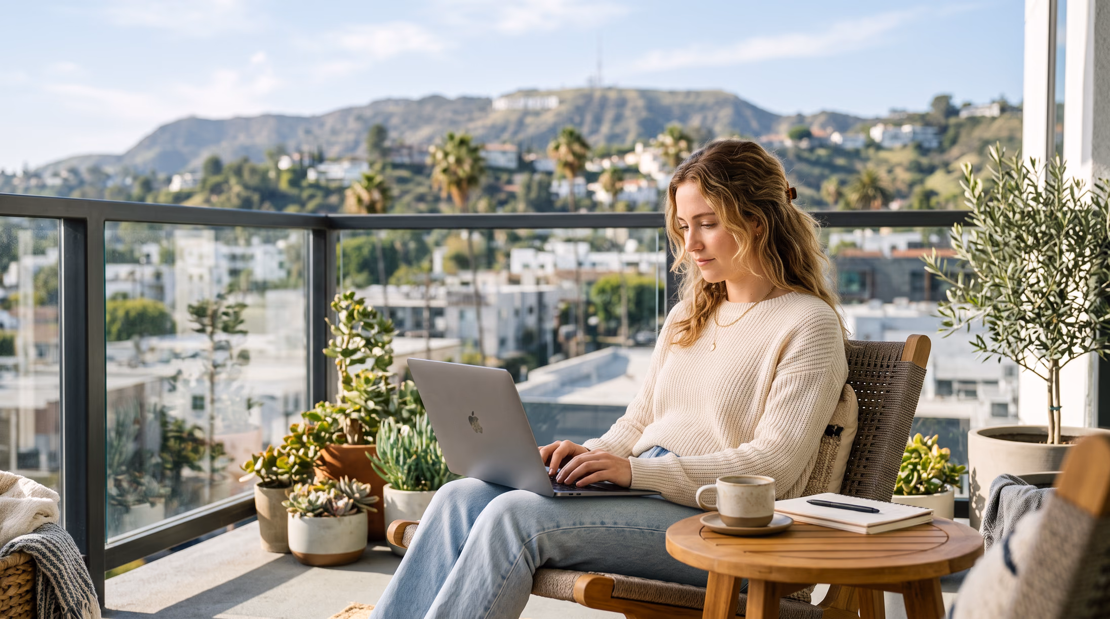 Woman working on a laptop on a balcony above Los Angeles