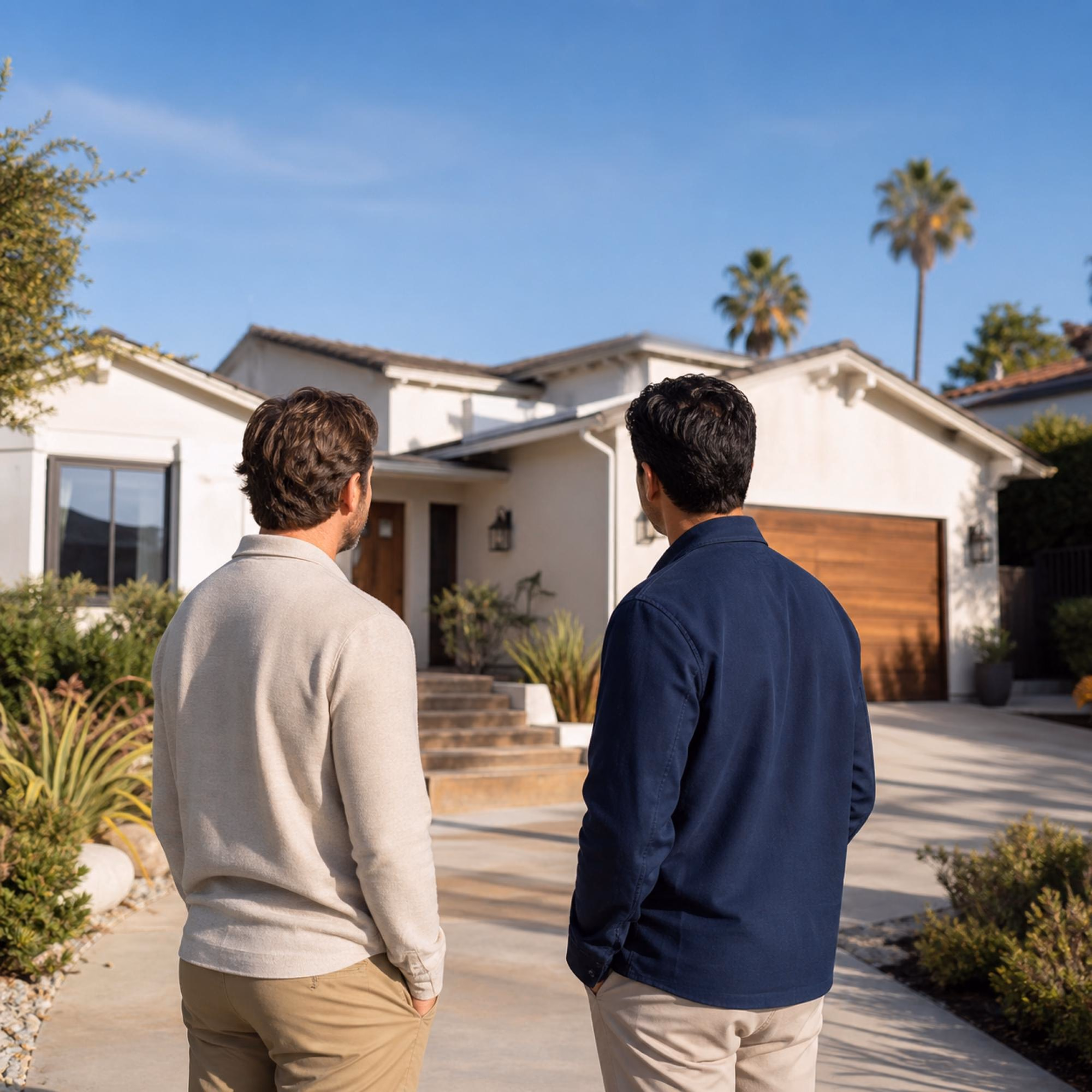 Two men looking at a white Spanish-style house