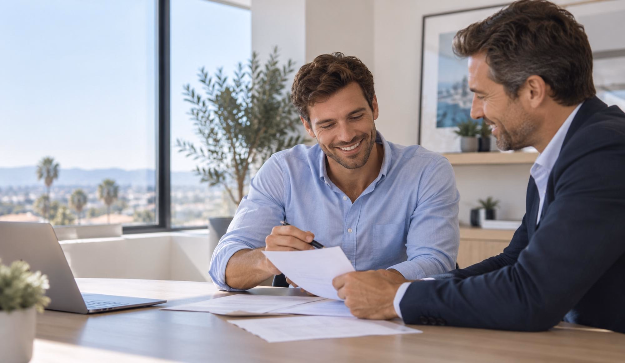 Homeowner reviewing a cash offer with an advisor at a desk