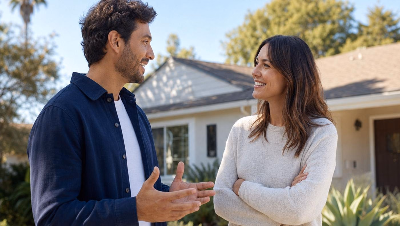 Couple talking in front of their home