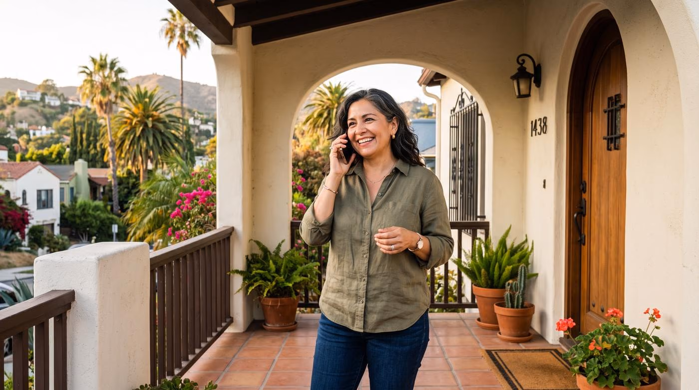 Homeowner on the phone outside her Spanish-style home