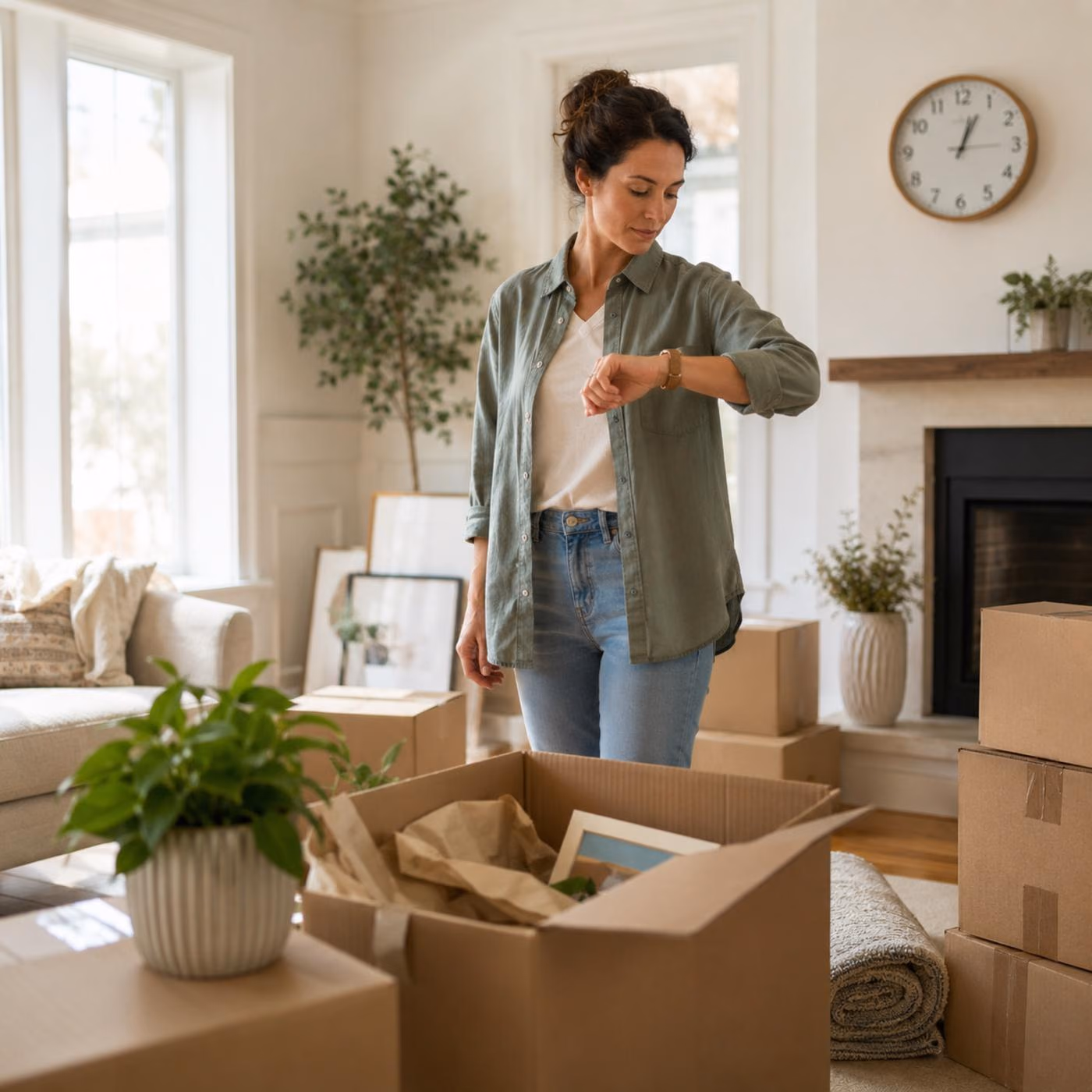 Homeowner checking her watch in a bright living room